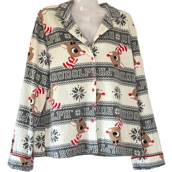 Rudolph Christmas Stretch Pajama Shirt Microfleece Grey and White w/ Red Buttons - Picture 1 of 6